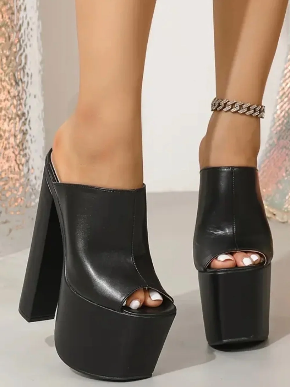 SHEIN Black Chunky High Platform Peep-Toe Mules